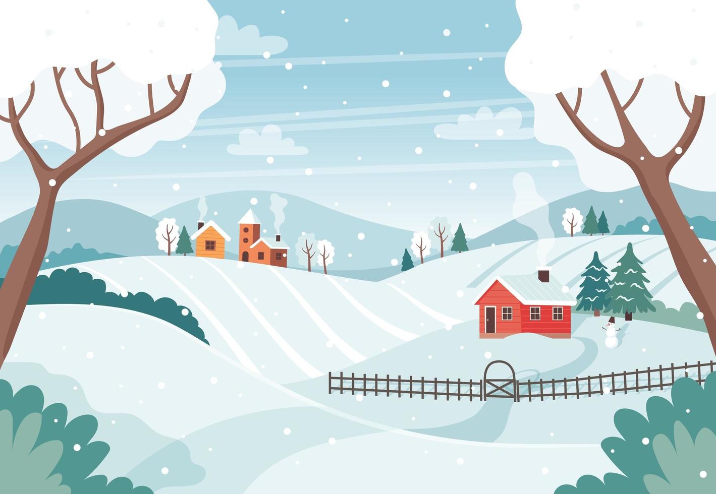 Winterlandschaft mit Bäumen, Feldern, Häusern. saisonale Landschaft. vektorillustration im flachen stil vektor