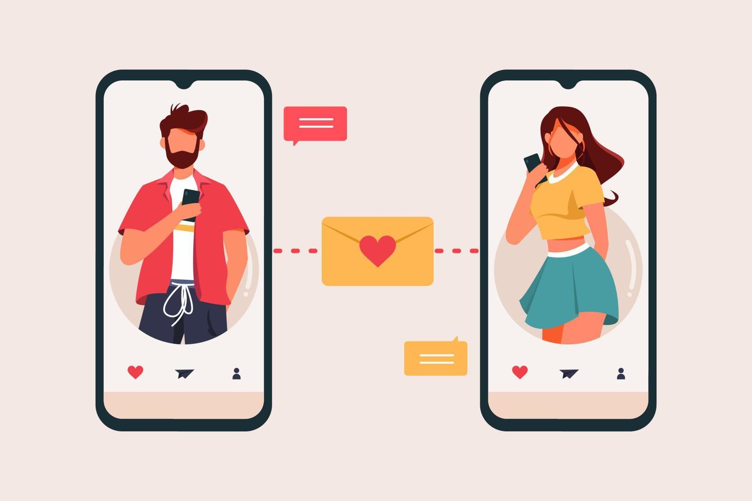 platt designkoncept för dejtingapp, män och kvinnor skickar meddelande med smartphone i vektorillustration för dejtingapp vektor