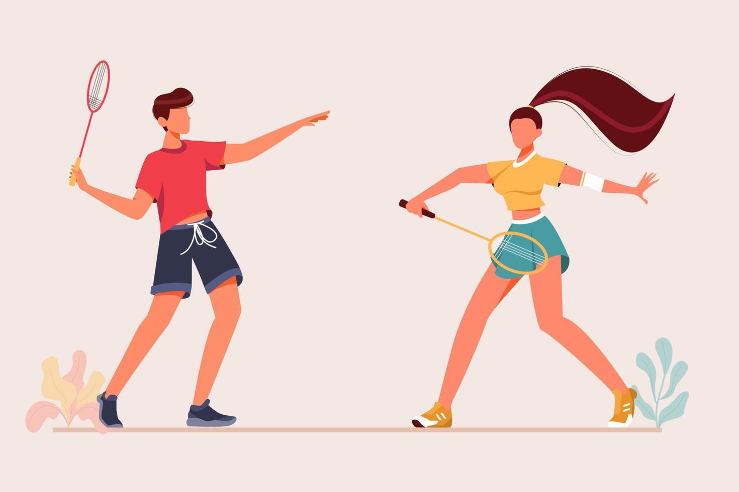 der Mann, der Badminton mit Frau spielt, lokalisierte das flache Design des Hintergrundes und spielt Badminton mit der modernen Art der Freundvektorillustration vektor