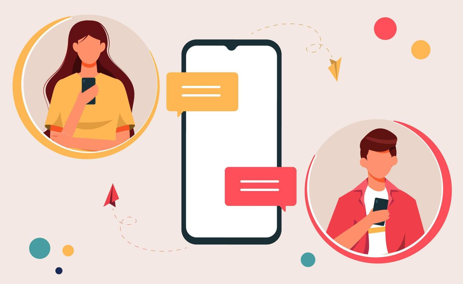 männliche und weibliche chatten per telefonkonzept vektorillustration, personencharaktere, die mobile app für dating und kommunikation verwenden vektor
