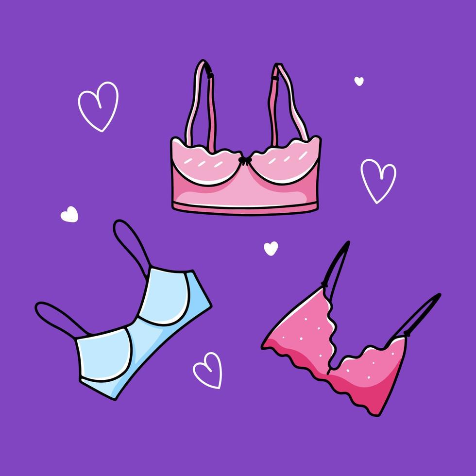 satz handgezeichneter damen-bh, unterwäscheoberteil. sexy Tops-Kollektion. Vektorillustration im Doodle-Stil vektor