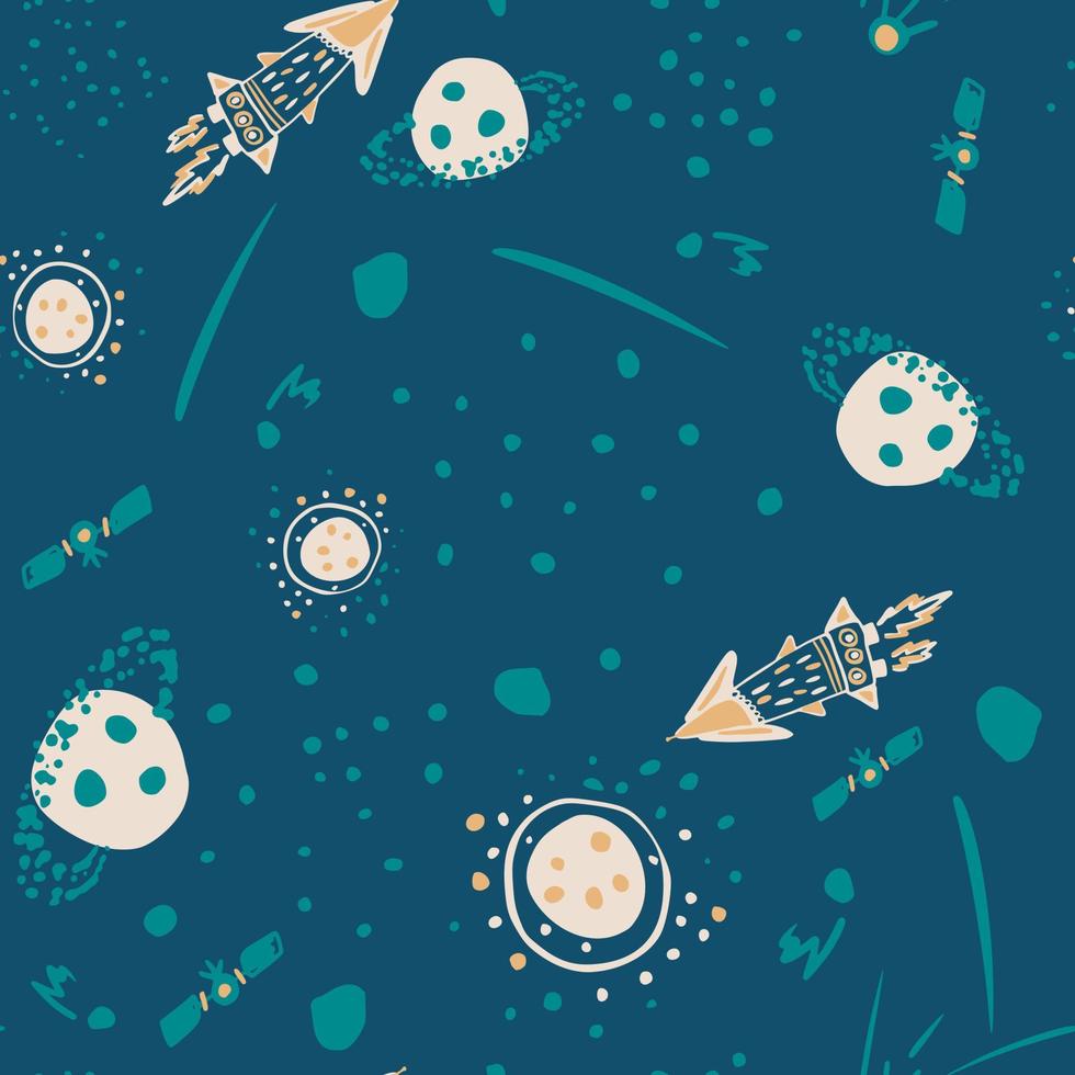nahtloses handgezeichnetes Muster mit Planeten, Raketen und Satelliten. Türkis heller Hintergrund. Kosmischer Stil. vektor