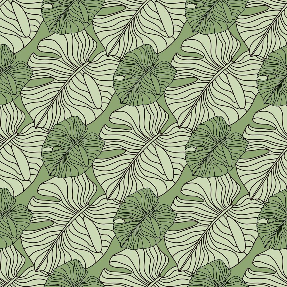 sömlösa blommönster med doodle monstera konturerade silhuetter. kontur lövformer i gröna och gråa toner. vektor