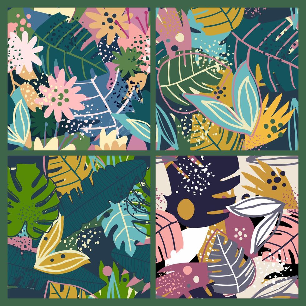 uppsättning av samtida exotiska löv seamless mönster i collage stil. kreativa tropiska blad tapetkollektion. vektor