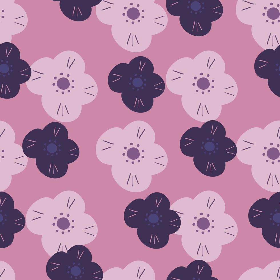 nahtloses muster des sommers mit lila blumenschattenbildformen. lila Hintergrund. dekorative kinderkulisse. vektor