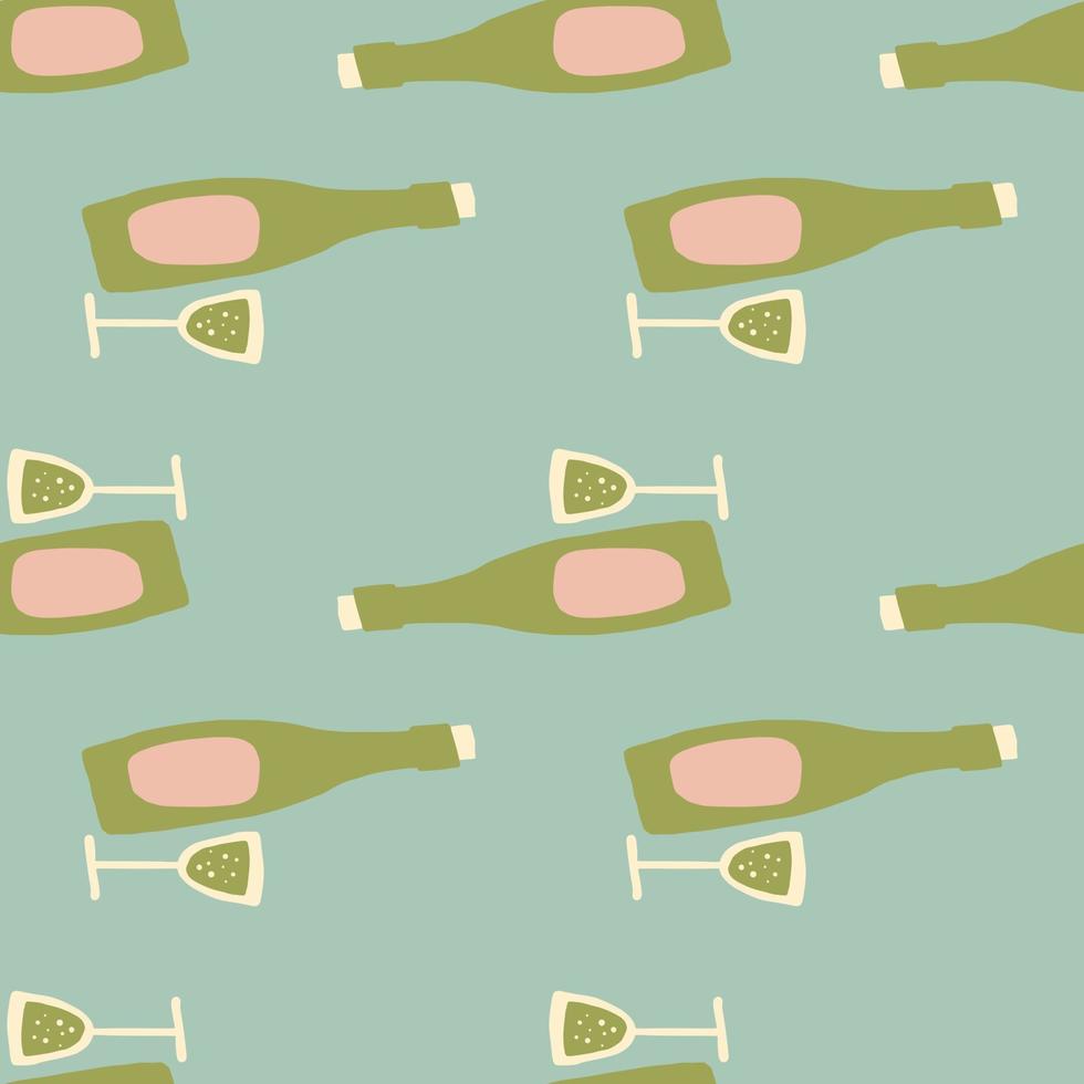 Pastelltöne Wein Musterdesign. Alkoholgrafik mit Flasche und Weinglas in Grün- und Rosatönen auf blauem Hintergrund. vektor