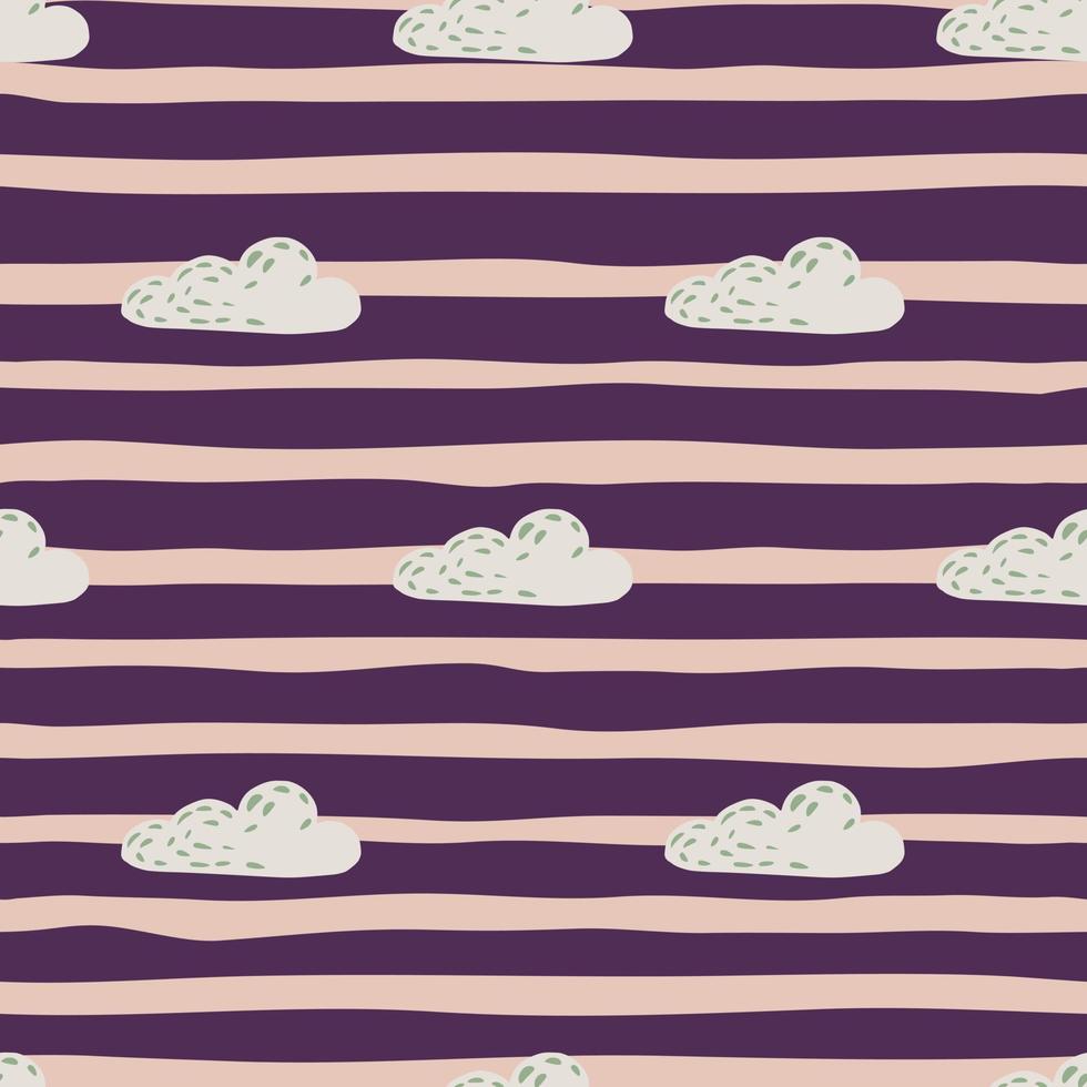 grå små moln ljusa prydnad seamless mönster. rosa och lila färgad randig bakgrund. vektor