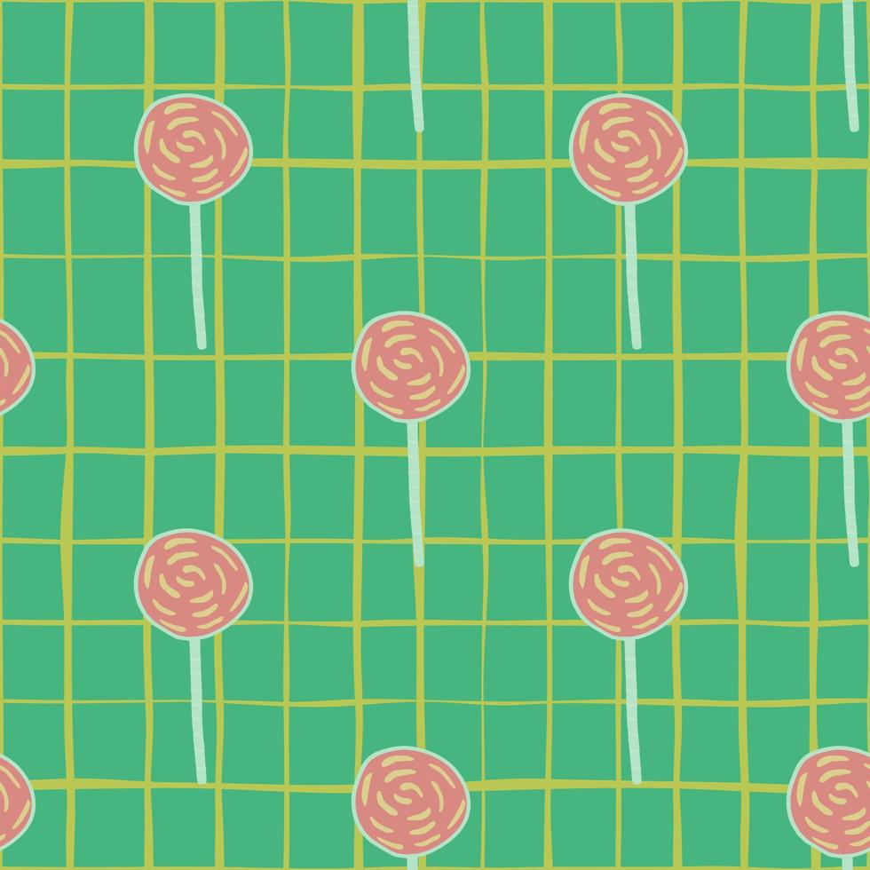 Lollipop söta sömlösa mönster. godis enkla silhuetter i rosa färg på grön bakgrund med rutor. vektor