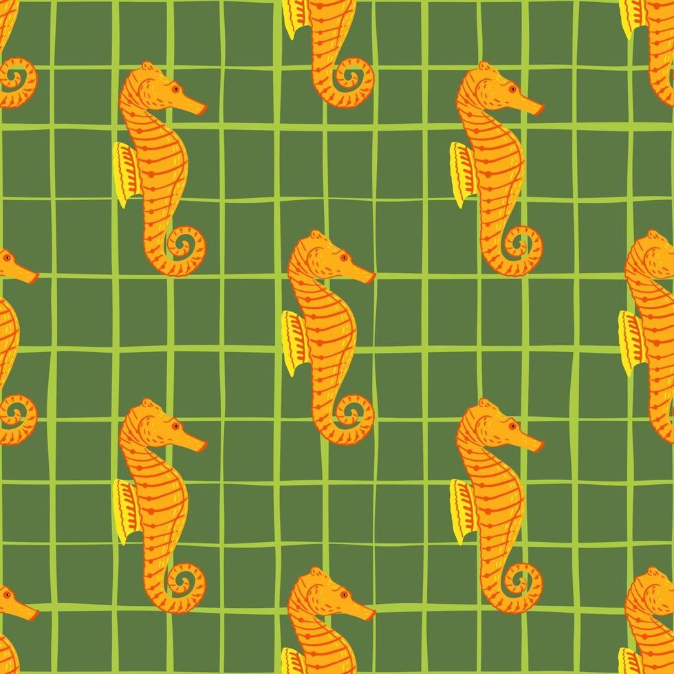 kontrast sömlösa mönster med orange sjöhäst silhuetter prydnad. grön rutig bakgrund. enkel design. vektor