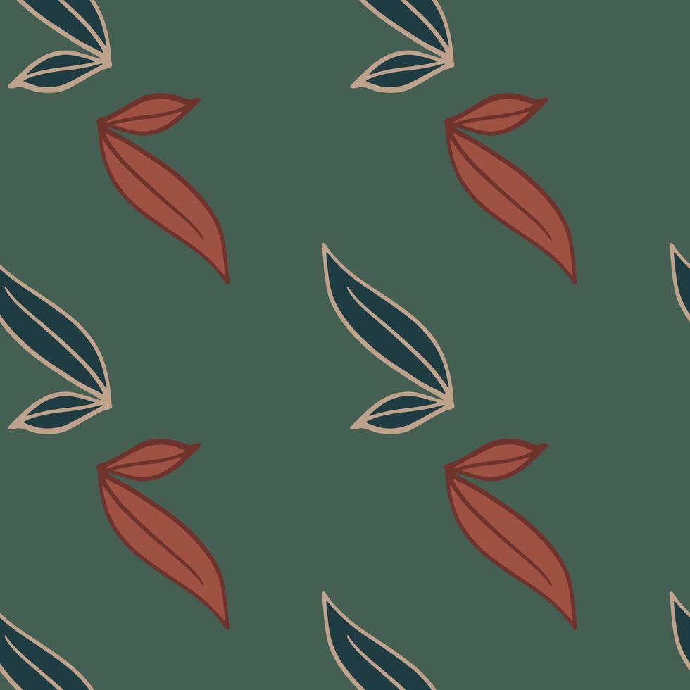 minimalistische dunkle Töne nahtloses Doodle-Muster mit marineblauem und orangefarbenem Blattornament. grüner Hintergrund. vektor