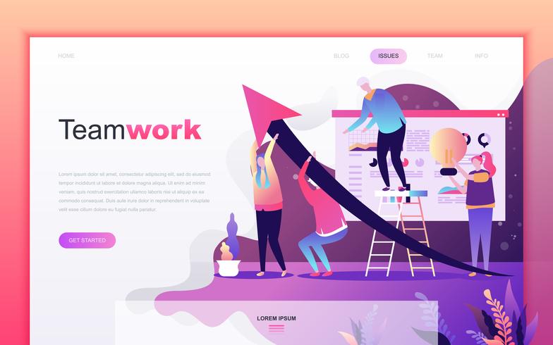Modernt platt tecknade designkoncept av Teamwork för webbutveckling och mobilapputveckling. Målsida mall. Inredda personer karaktär för webbsida eller hemsida. Vektor illustration.