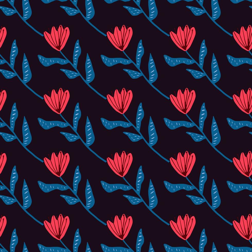 dunkler Kontrast nahtloses botanisches Blumenmuster. rote Tulpen mit blauen Stielen auf schwarzem Hintergrund. vektor