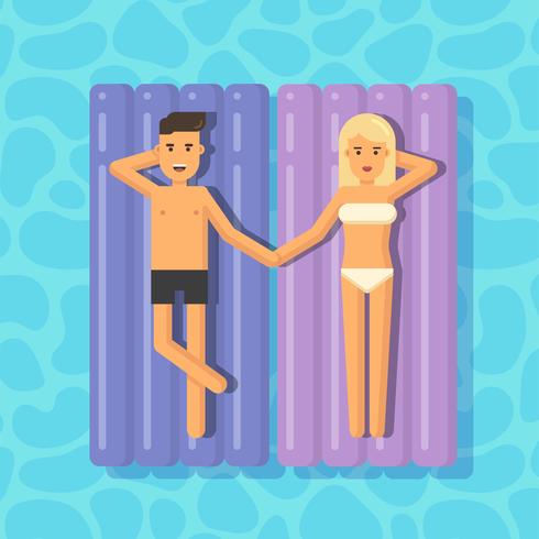 Mann und Frau, die auf Matratzen in einem Swimmingpoolhändchenhalten schwimmen vektor