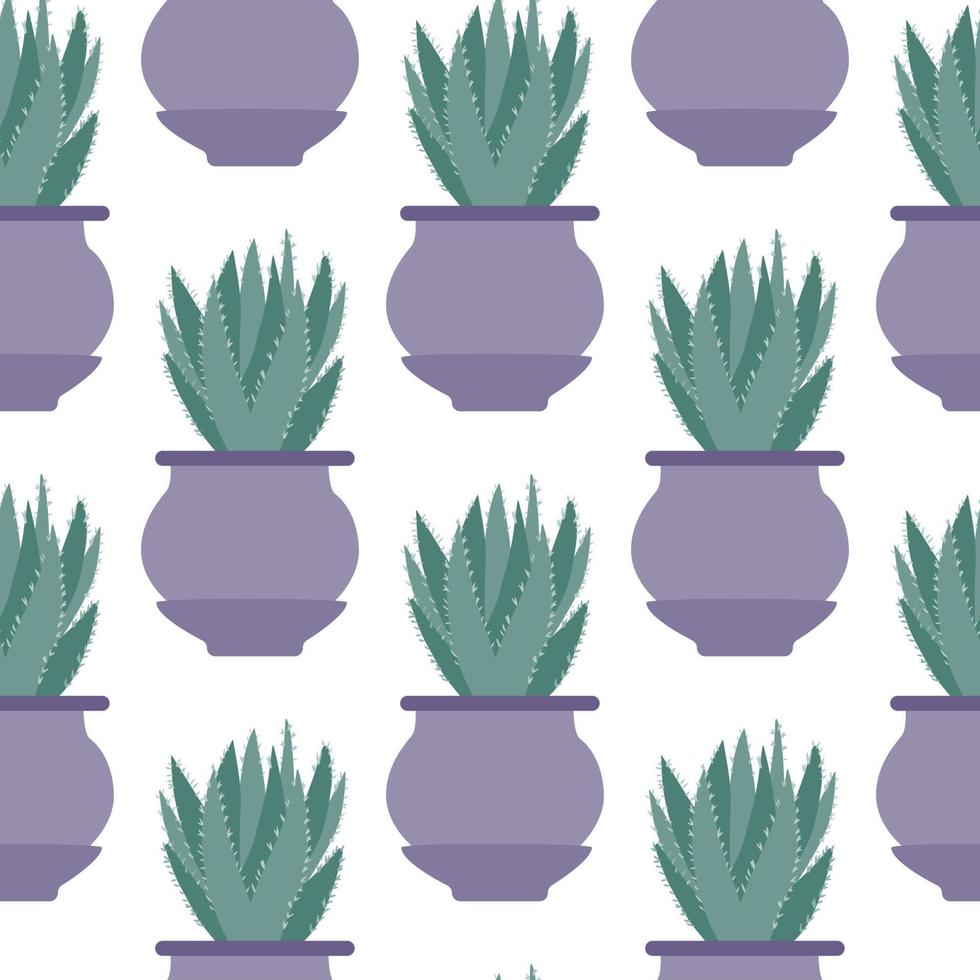 Aloe-Kaktus im nahtlosen Muster des Topfes auf weißem Hintergrund. Doodle botanische exotische Tapete. vektor