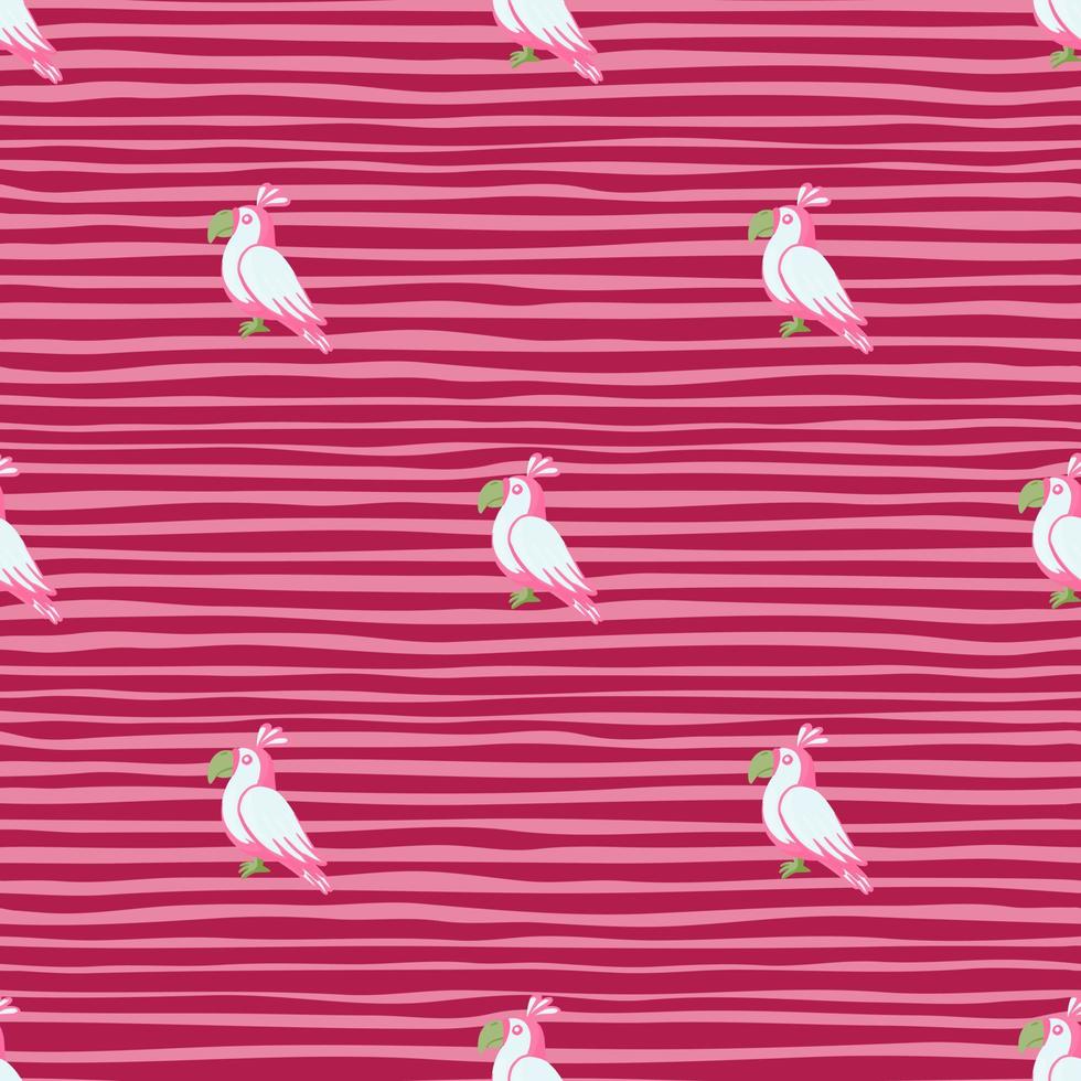 abstraktes tiernahtloses muster mit gekritzelweißen papageienformen. rosa gestreifter Hintergrund. lustige Kulisse. vektor