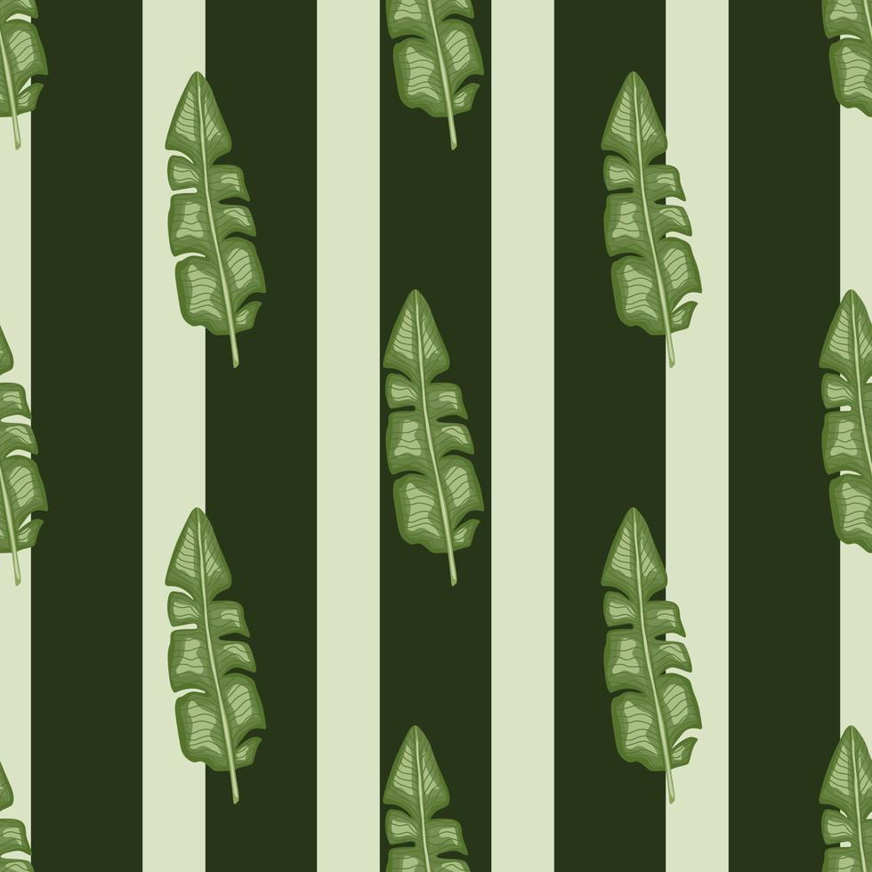 gröna tropiska bananblad silhuetter seamless mönster. grå och svart randig bakgrund. vektor