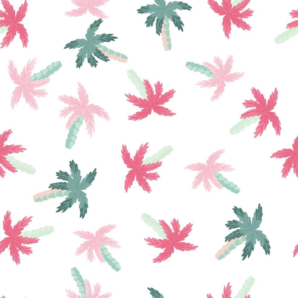 isolerade sömlösa mönster med rosa och blå slumpmässiga små palmelement. vit bakgrund. vektor