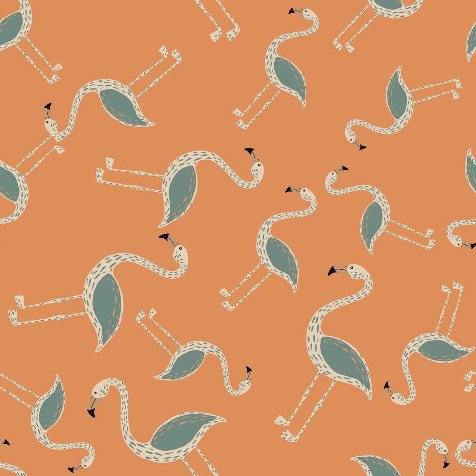 sömlösa slumpmässiga mönster med tecknade blå och grå färgade flamingo element. orange bakgrund. vektor