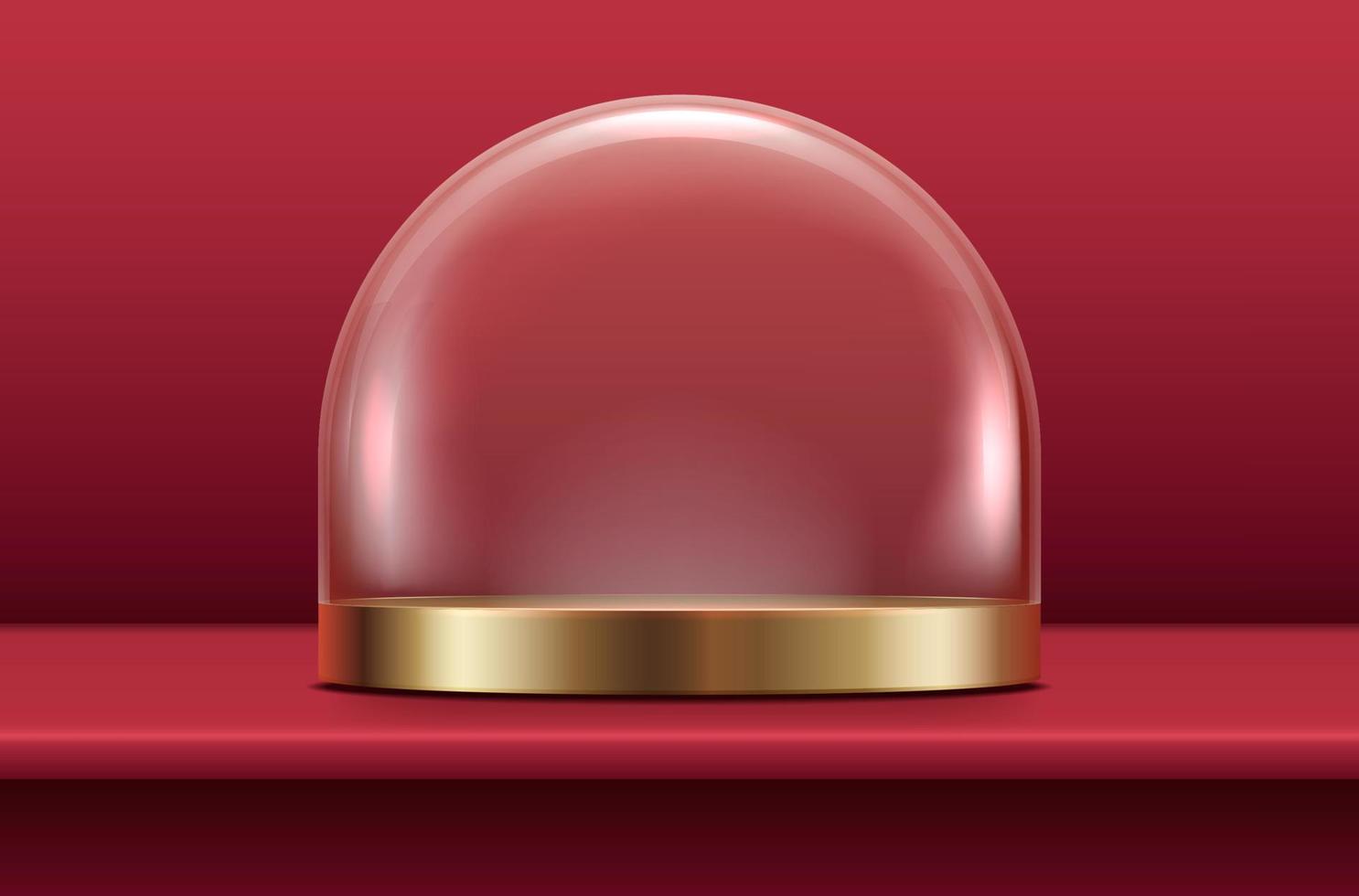 3D-realistischer Vektor-Glaskugelständer mit Goldplatte auf rotem, samtigem Hintergrund. vektor