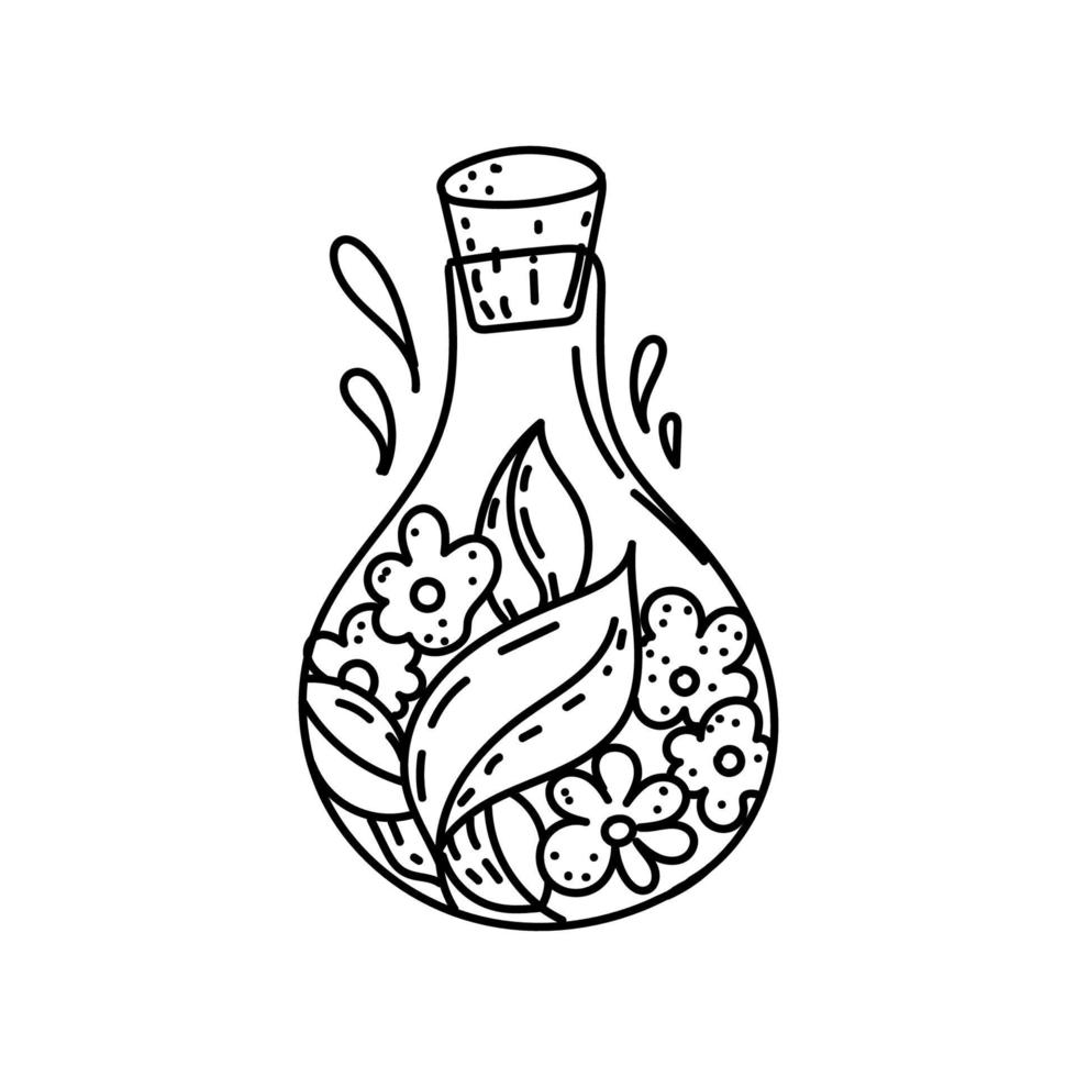 Flasche, handgezeichnetes Element im Doodle-Stil. Flasche mit ausgefallenen Blumen und Blättern. schwarze Muster. monogame illustration im flachen stil. vektor