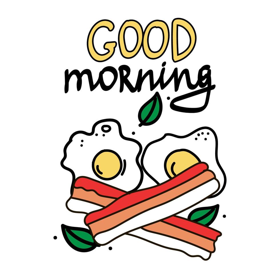 morgonmåltid, handritade element i klotterstil. frukost. god morgon. ägg med bacon och grönt. enkel vektor i doodle stil.
