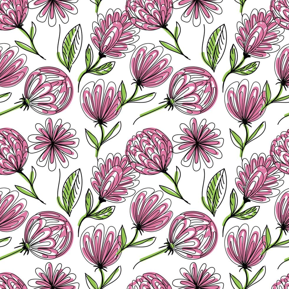 ett sömlöst mönster av blommor, handritade element i en doodle-stil. fina blommor, knoppar och löv. svarta mönster med rosa och gröna fläckar. vektor