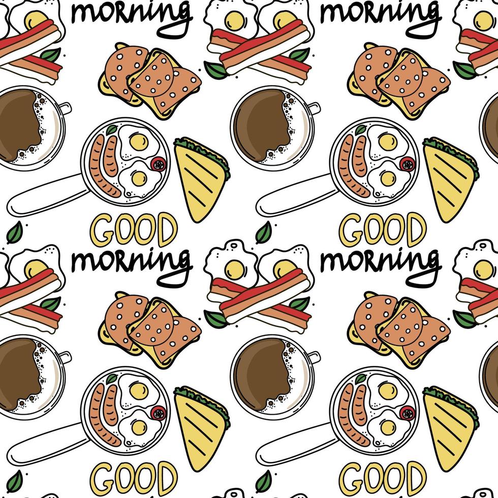 ett sömlöst morgonmatmönster. handritade doodle-stil element. frukost. god morgon. ägg, korv, korvmackor. enkel vektor i doodle stil.