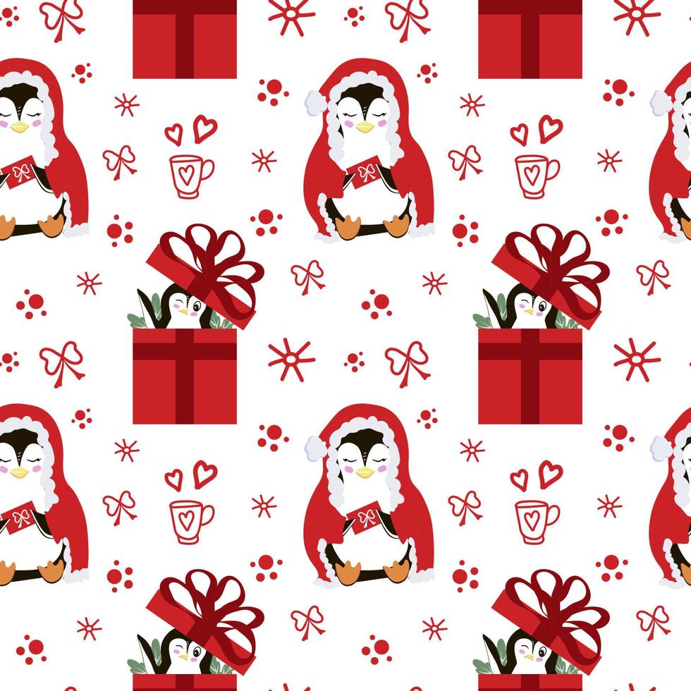 julmönster med söta pingviner. festlig bakgrund med handritade element, vektorillustration i platt stil. vektor
