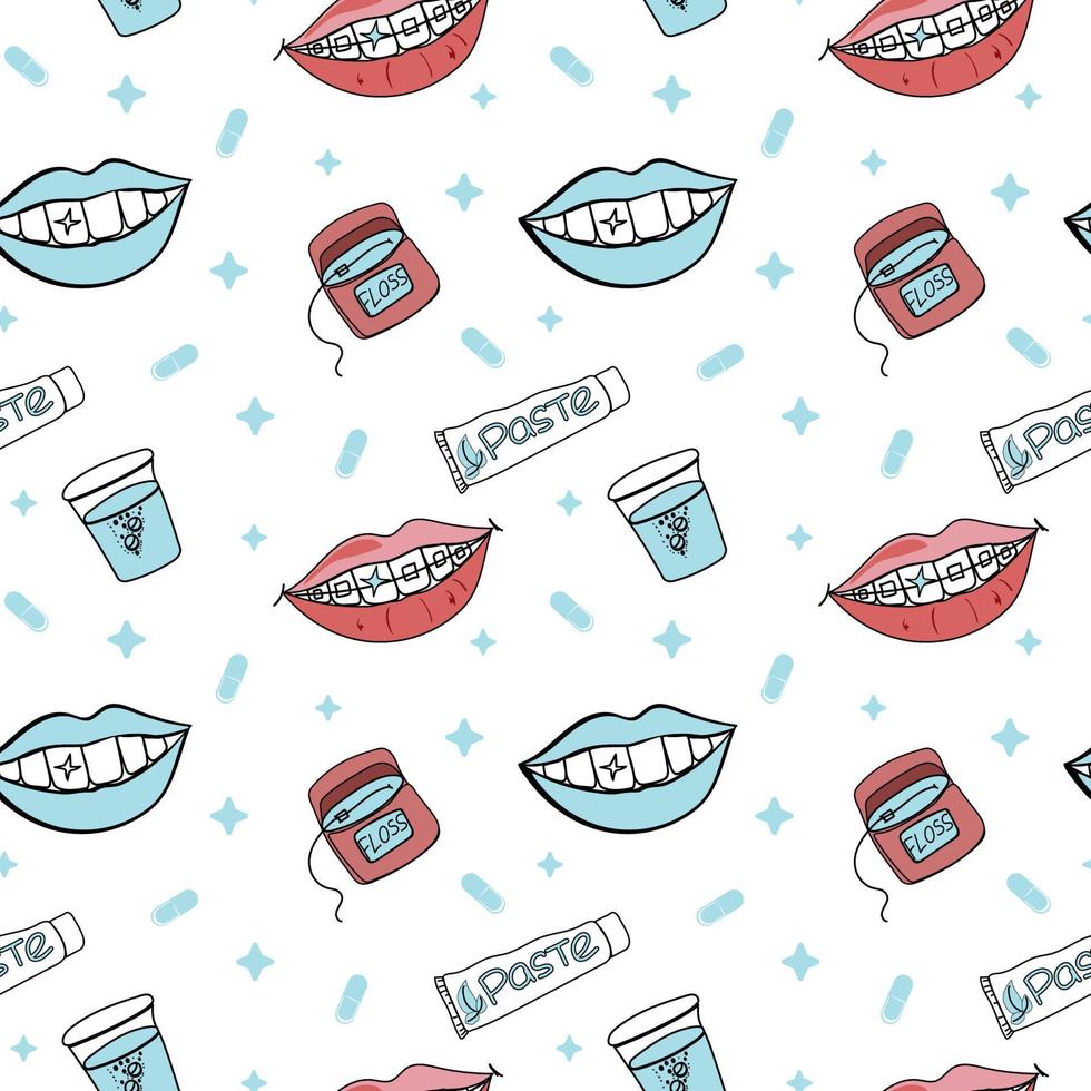 ler med och utan tandställning. vita vackra tänder. tandkräm, tandtråd och orala tabletter. seamless mönster av element på en vit bakgrund. vektor