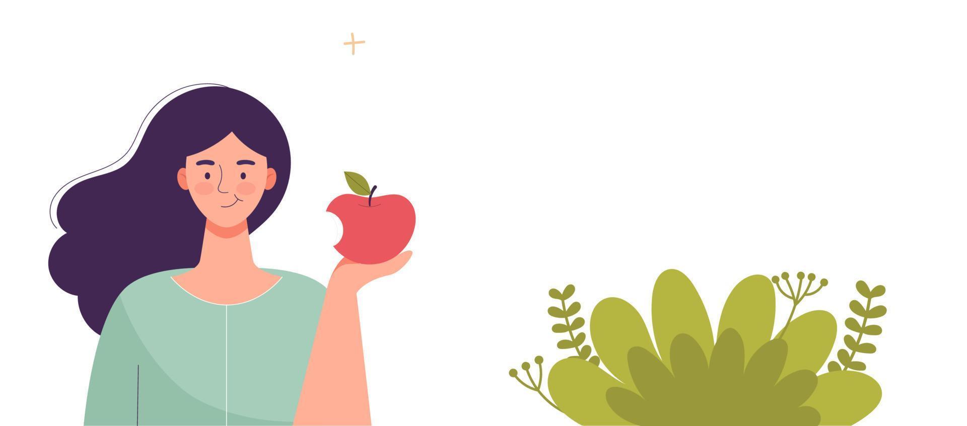 junge Frau mit Apfel in der Hand. diätkost, gesunder lebensstil, vegetarisches essen, rohkostdiät. student snack.template,platz für text,banner für website. flache Cartoon-Vektor-Illustration. vektor