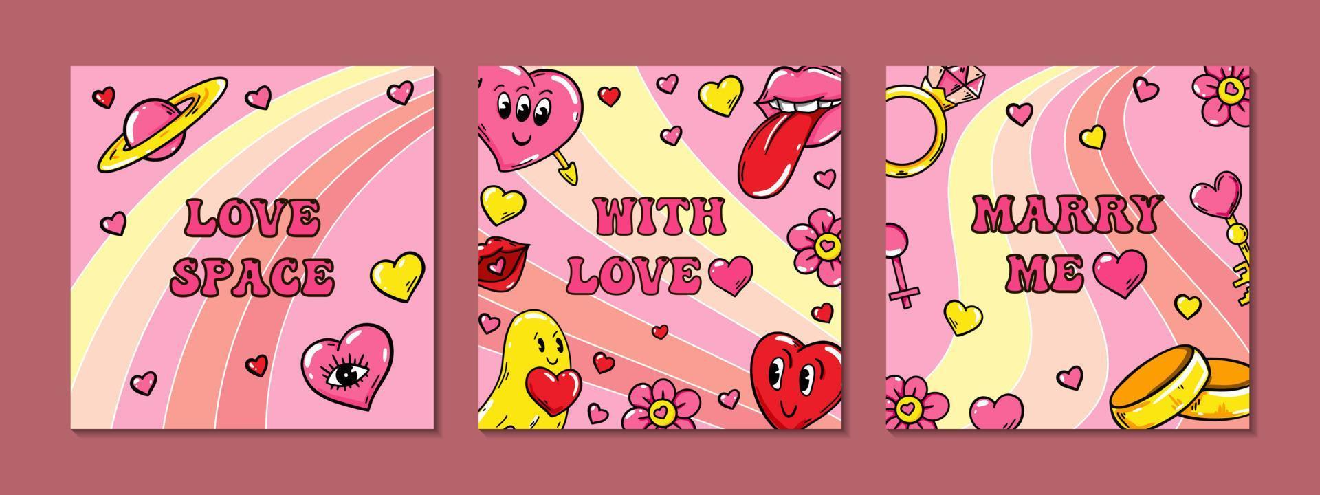 uppsättning fyrkantiga trendiga kärleksaffischer med söta komiska illustrationer. groovy vektordesign. vektor