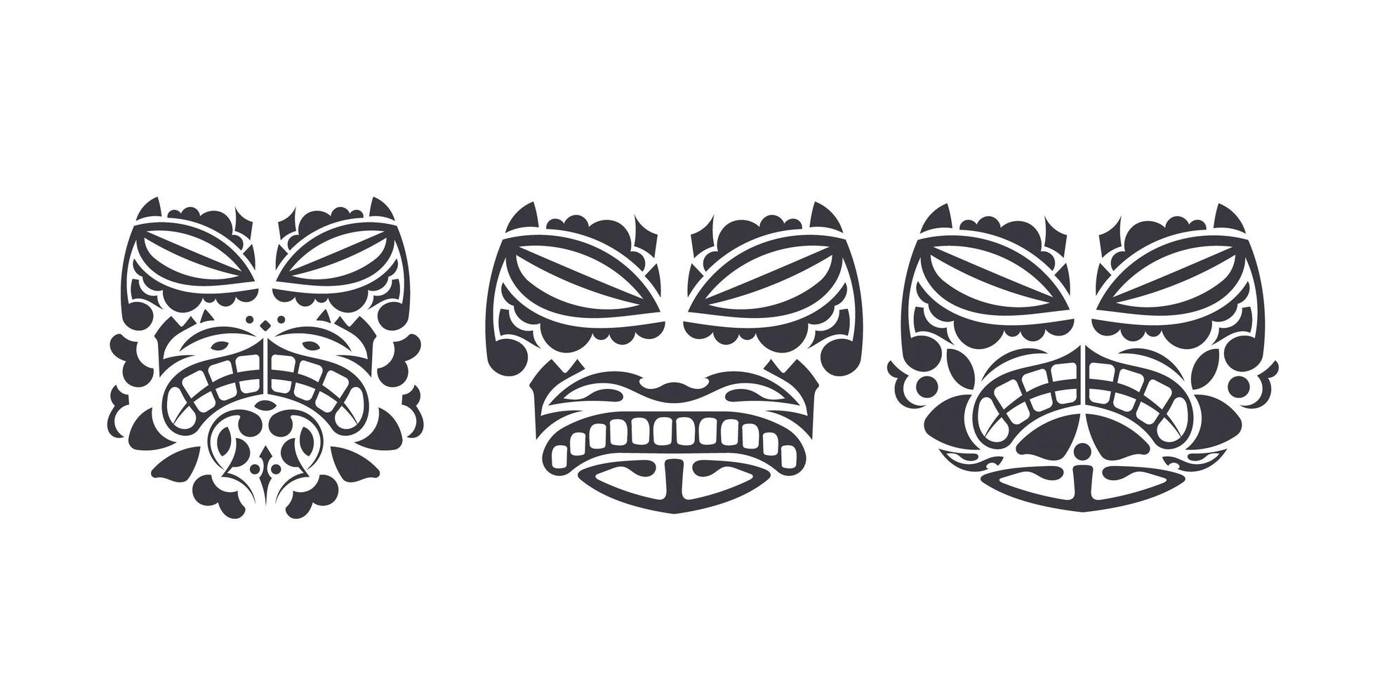 satz masken mit muster der maori- und polynesischen kultur. gesicht tribal polynesischer tätowierungsstil. handgefertigt. Vektor-Illustration. vektor