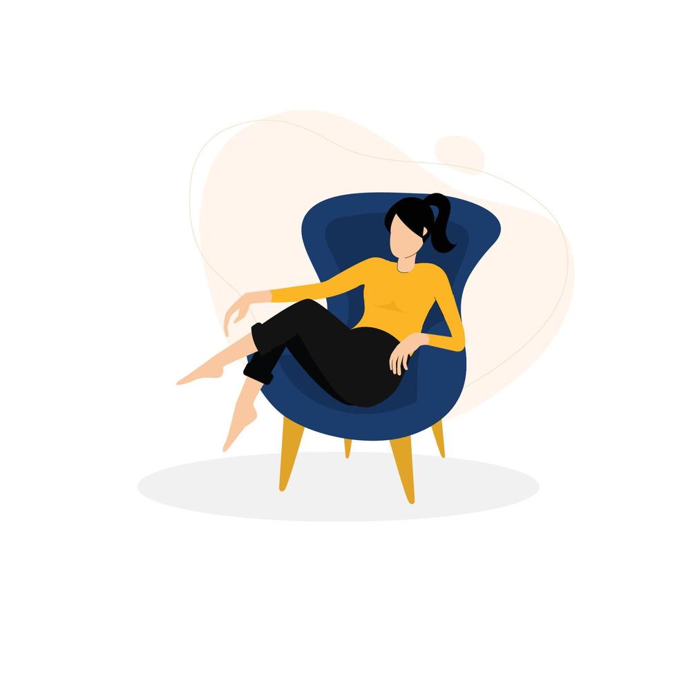 platt design - illustration av en ung kvinna som kopplar av i en bekväm stol vektor