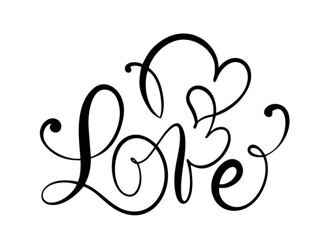 Älska kalligrafisk vektortext med romantiska hjärtan. Handskriven bläckbokstäver valentinkoncept. Modern pensel kalligrafi, Isolerad på vit bakgrund vektor