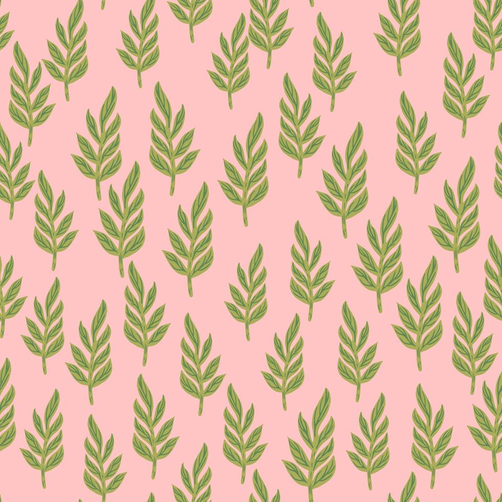 abstrakt botanik seamless mönster med små gröna blad grenar element. rosa bakgrund. vektor