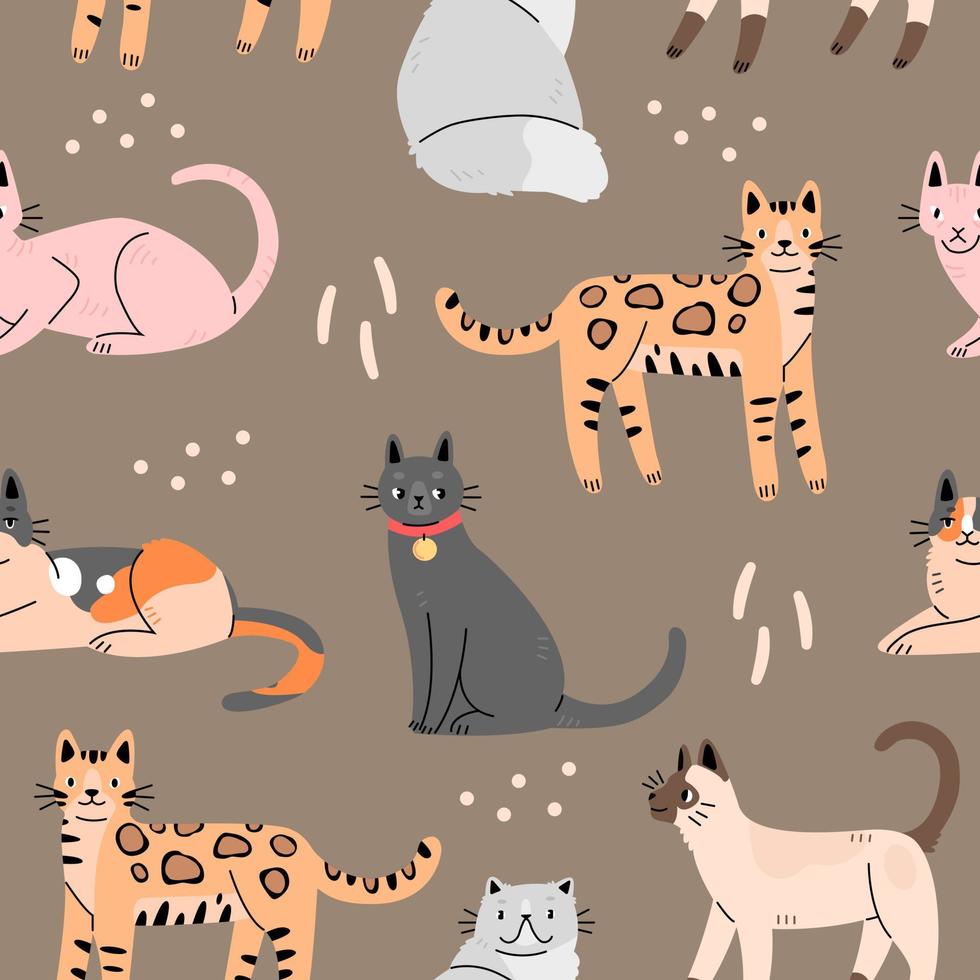 seamless mönster med söta katter på en brun bakgrund. bakgrund med djur. vektor illustration.