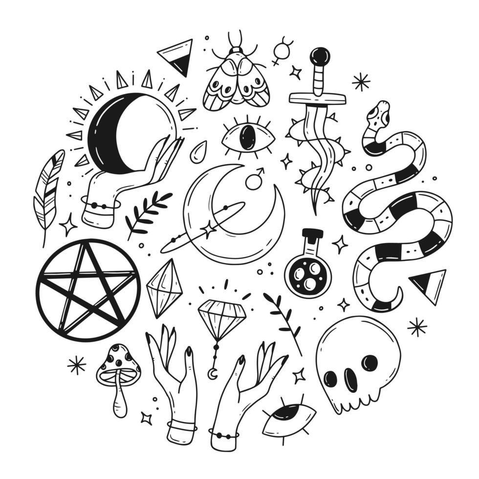 stor uppsättning element av magi, esoterisk doodle i form av en cirkel. vektor illustration med isolerade element.