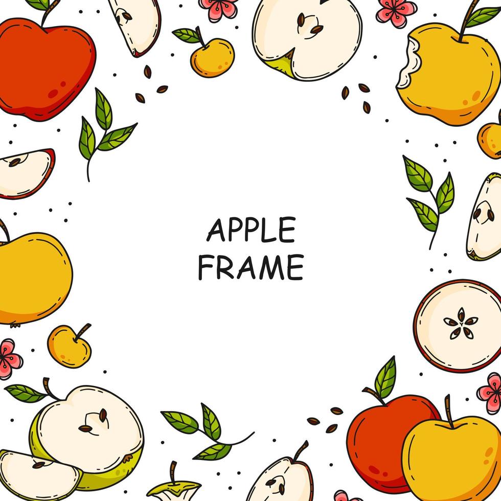 rund ram med olika äpplen i en söt doodle stil. vektor illustration.