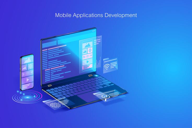 Webentwicklung, Anwendungsdesign, Kodierung und Programmierung auf Laptop- und Smartphonekonzept mit Programmiersprache und Programmcode und Plan auf Schirmvektor vektor