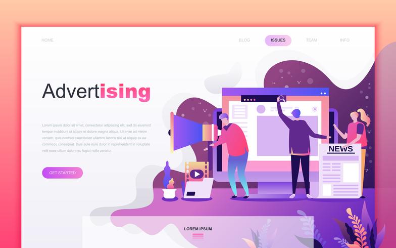 Modernt platt tecknade designkoncept för reklam och marknadsföring för webbutveckling och mobilapputveckling. Målsida mall. Inredda personer karaktär för webbsida eller hemsida. Vektor illustration.