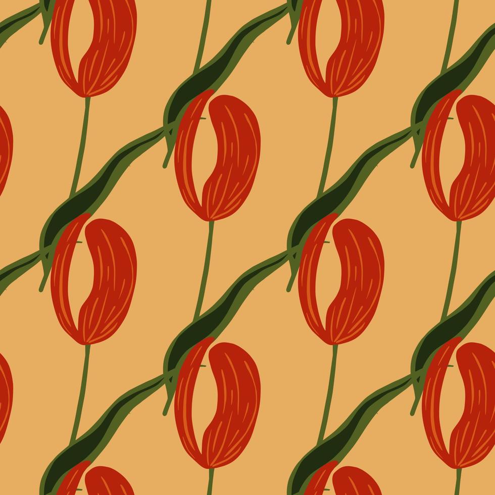 leuchtend rote tulpenblumenelemente nahtloses gekritzelmuster. hellorangefarbener pastellfarbener Hintergrund. Blumenmuster. vektor