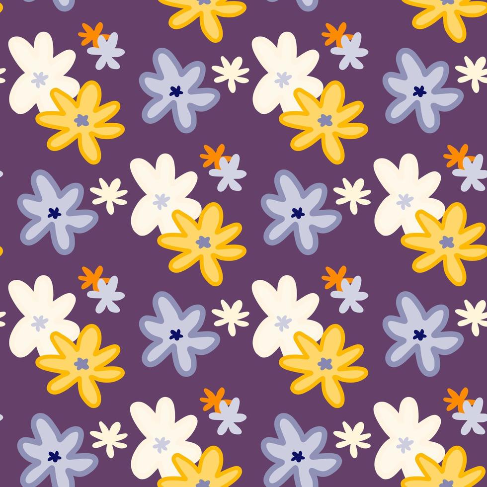 ljusa sommar sömlösa mönster med kamomill abstrakta silhuetter på lila bakgrund. vita, blå och gula blommor element. vektor