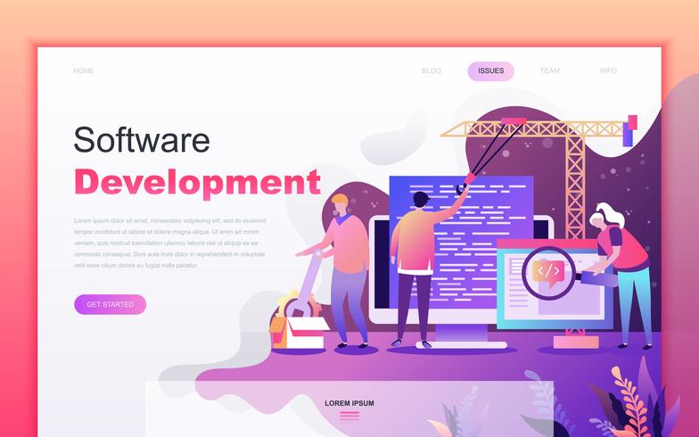Modernes flaches Karikaturdesignkonzept der Softwareentwicklung für Website und bewegliche APP-Entwicklung. Zielseitenvorlage. Verzierter Leutecharakter für Webseite oder homepage. Vektor-illustration vektor