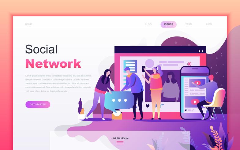 Modernt platt tecknade designkoncept Social Network för webbutveckling och mobilapputveckling. Målsida mall. Inredda personer karaktär för webbsida eller hemsida. Vektor illustration.