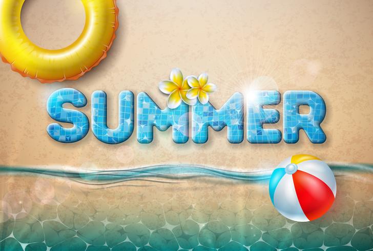 Vector Summer Illustration med Beach Ball och Float på Sandy Ocean Background. Sommarferie semesterdesign