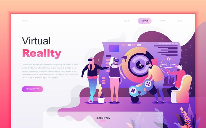 Modernes flaches Karikaturdesignkonzept der virtuellen erweiterten Realität für Website und bewegliche APP-Entwicklung. Zielseitenvorlage. Verzierter Leutecharakter für Webseite oder homepage. Vektor-illustration vektor