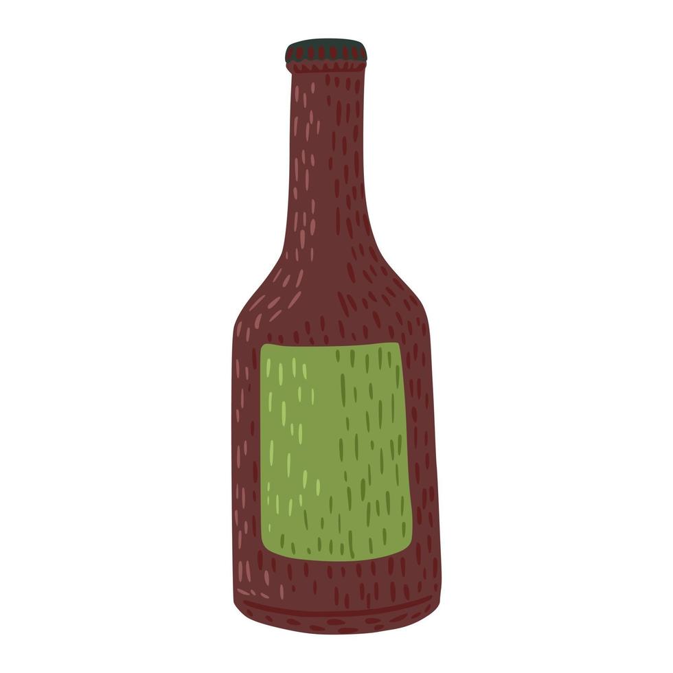 Flaschenbier mit grünem Etikett isoliert auf weißem Hintergrund. Grafikdesign-Element im Doodle-Stil. vektor
