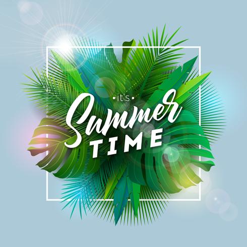 Es ist Sommerzeit-Illustration mit Typografie-Buchstaben und tropischen Pflanzen auf blauem Hintergrund. Vektor-Feiertags-Design mit exotischen Palmblättern und Phylodendron vektor