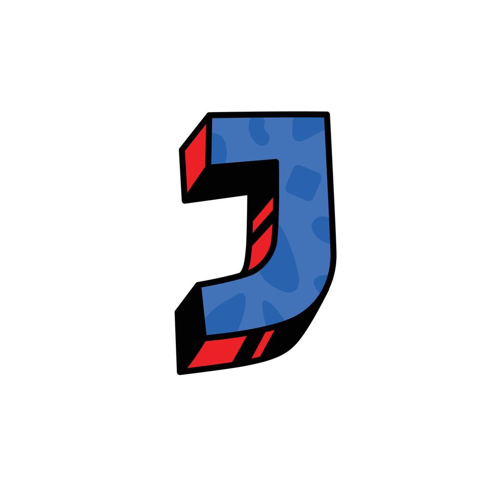 Logo, Buchstabe j. Vektor. Lineares Umrisssymbol. Volumenmarke, 3d. farbige Großbuchstaben. Abbildung mit Muster. Symbol auf weißem Hintergrund. Cartoon-Stil. das Image des Zirkus. vektor