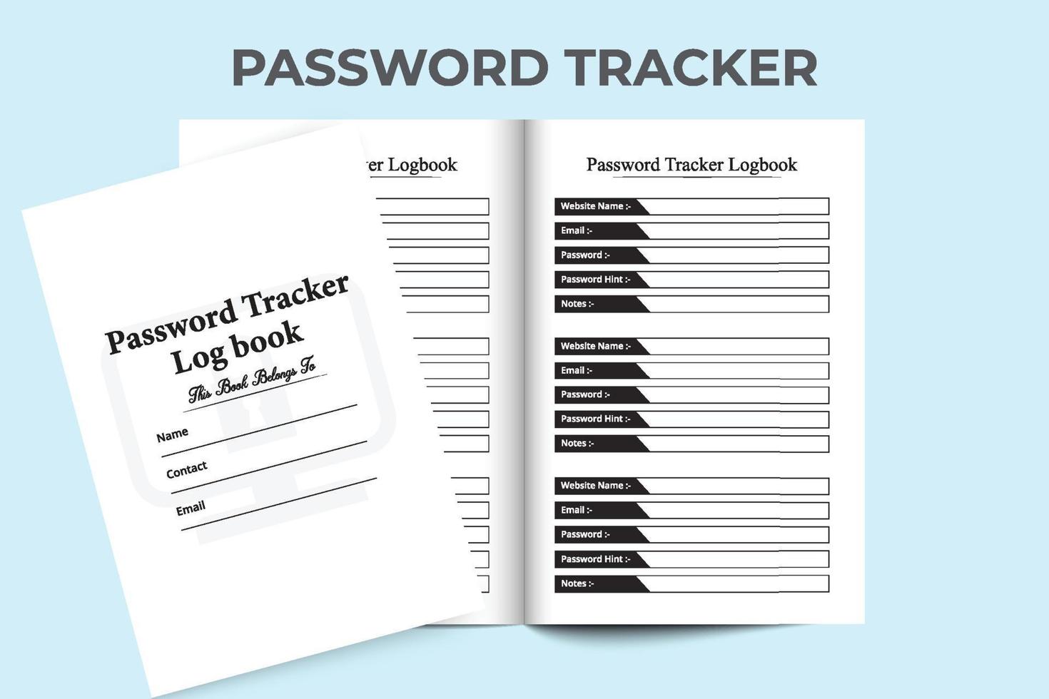 Passwort-Tracker-Innenraum. Passwort-Tracker und Website-Informationen Notebook-Interieur. Logbuch der Website-Sicherheitsprüfung. Innenraum der Passwort-Tracker-Journalvorlage. vektor